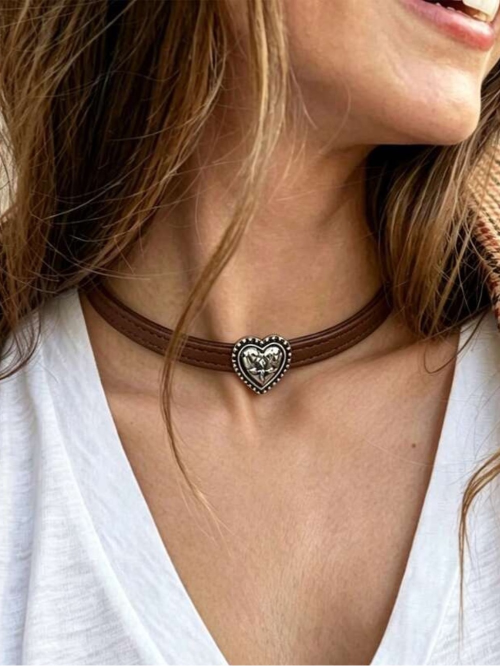 Brown Faux Leather Heart Choker Necklace with Silver Heart Pendant